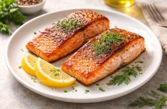 Filetti di salmone cotti in friggitrice ad aria, impiattati con limone e aneto